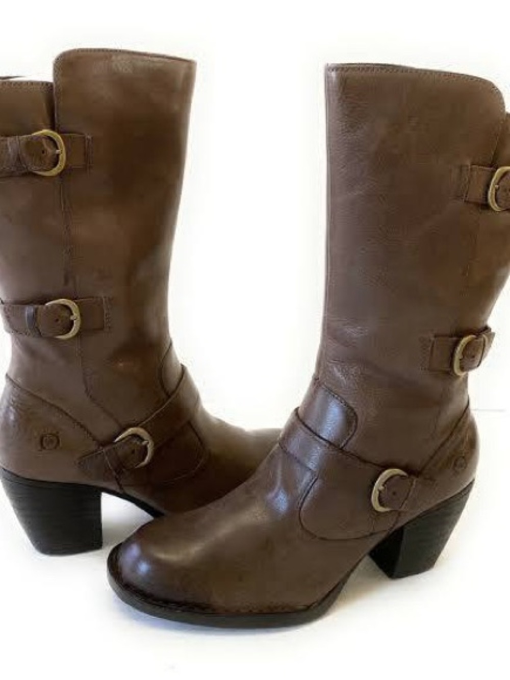 BØRN Maleri Distressed Brown Leather Triple Buckle Mid Calf Heeled Boots